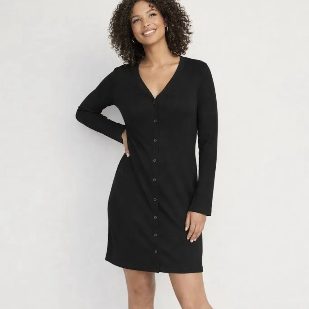 Black Button-Down Ribbed Dress XS